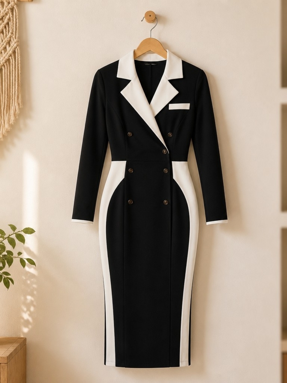 Classic Black & White Double-Breasted Pencil Dress
